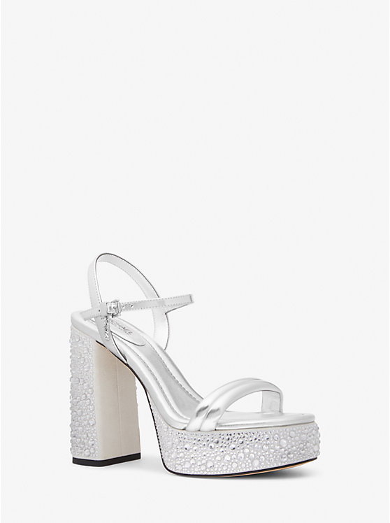 Michael Kors Laci Embellished Metallic Leather Platform Women Sandals SILVER | USAGSU1905