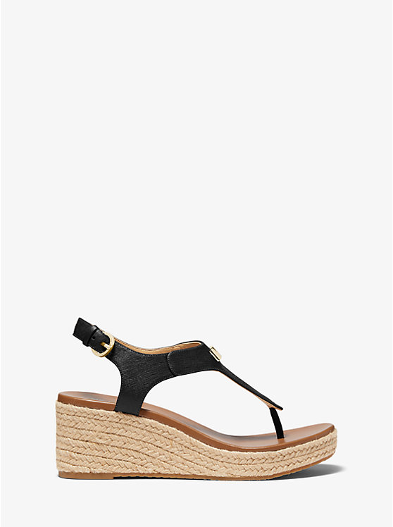 Michael Kors Laney Saffiano Leather Espadrille Wedge Women Sandals BLACK | USADFO1907