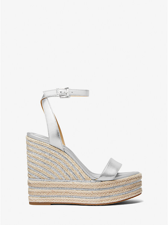 Michael Kors Leighton Metallic Leather Wedge Women Sandals SILVER | USASGP1908