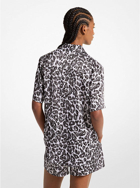 Michael Kors Leopard Logo Print Satin Camp Women Shirt ALUMINUM | USALIR1470