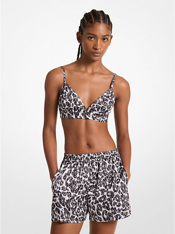 Michael Kors Leopard Logo Print Satin Women Bra ALUMINUM | USAPJC1461