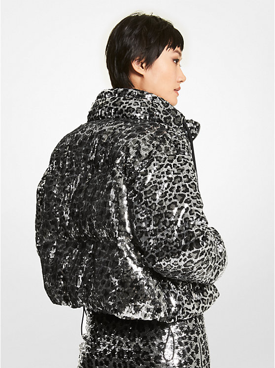 Michael Kors Leopard Sequined Cropped Puffer Women Jacket BLACK | USAGSM1385