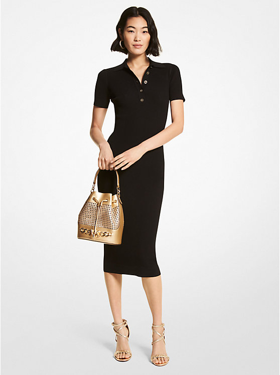 Michael Kors Logo Button Ribbed Viscose Blend Polo Women Dress BLACK | USAPJQ1305