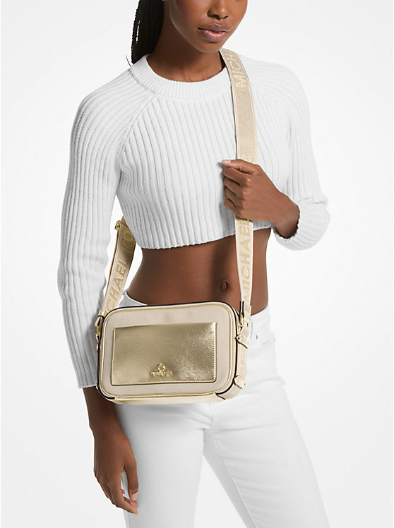 Michael Kors Maeve Large Canvas and Metallic Women Crossbody Bag PALE GOLD/NATURAL | USABEV1111