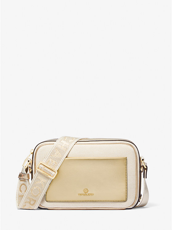 Michael Kors Maeve Large Canvas and Metallic Women Crossbody Bag PALE GOLD/NATURAL | USABEV1111