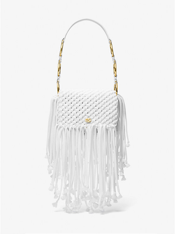 Michael Kors Marissa Medium Hand-Woven Macramé Women Shoulder Bag OPTIC WHITE | USAJPR1227