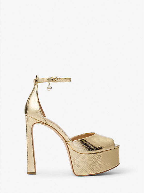 Michael Kors Martina Metallic Snake Embossed Leather Peep-Toe Platform Pump Women Sandals PALE GOLD | USATCM1924