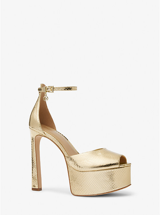 Michael Kors Martina Metallic Snake Embossed Leather Peep-Toe Platform Pump Women Sandals PALE GOLD | USATCM1924