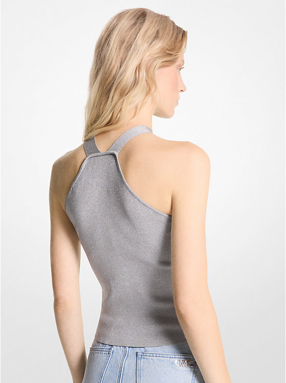 Michael Kors Metallic Stretch Knit Cutout Halter Tank Women Tank Top SILVER | USABEF1480