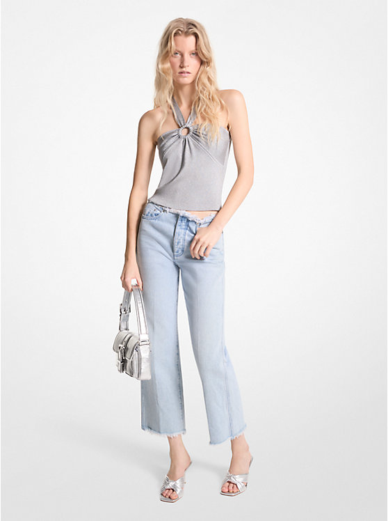 Michael Kors Metallic Stretch Knit Cutout Halter Tank Women Tank Top SILVER | USABEF1480