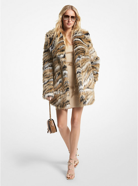 Michael Kors Metallic Tiger Jacquard Faux Fur Coat Women Jacket KHAKI | USAYXO1394