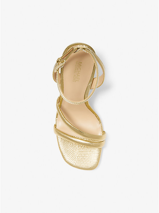 Michael Kors Nadina Metallic Lizard Embossed Leather Wedge Women Sandals PALE GOLD | USAAHT1930