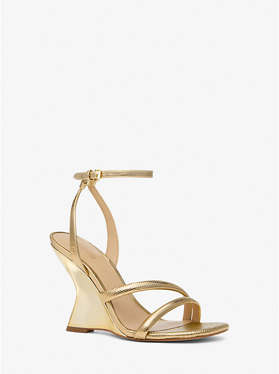 Michael Kors Nadina Metallic Lizard Embossed Leather Wedge Women Sandals PALE GOLD | USAAHT1930