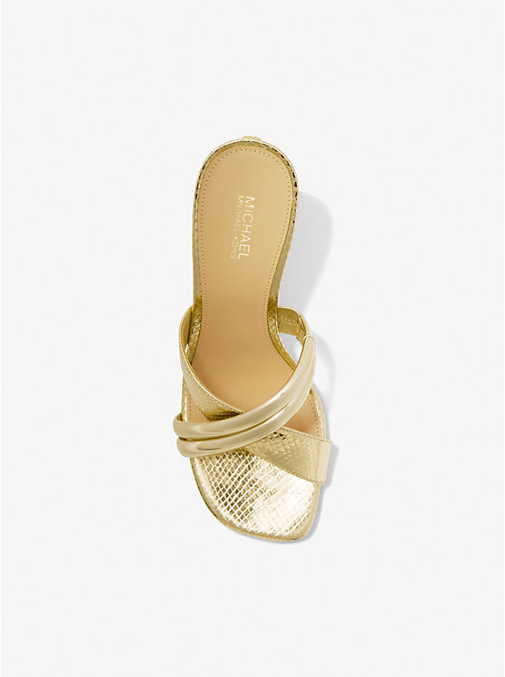 Michael Kors Nadina Metallic Snake Embossed Leather Mule Women Sandals PALE GOLD | USASGY1931