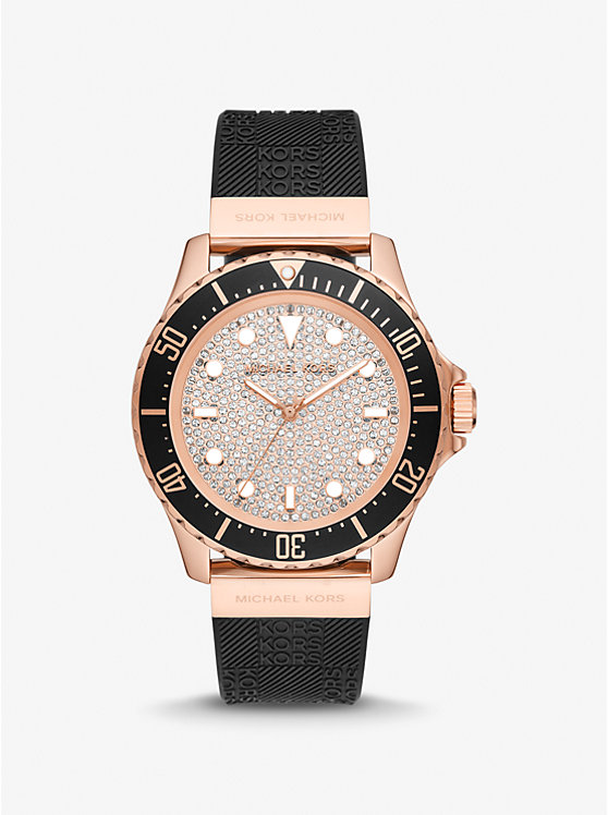 Michael Kors Oversized Slim Everest Pavé Rose-Gold Tone and Embossed Silicone Women Watch BLACK | USABEI1636