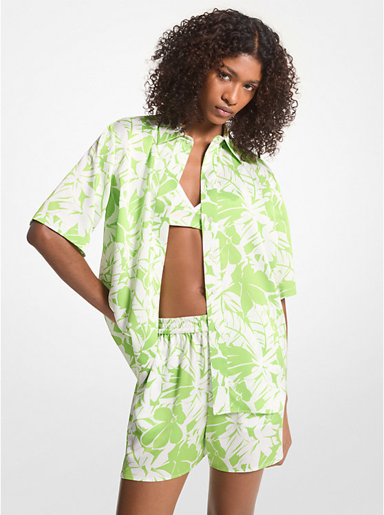 Michael Kors Palm Print Satin Cabana Women Shirt GREEN APPLE | USAXYY1472