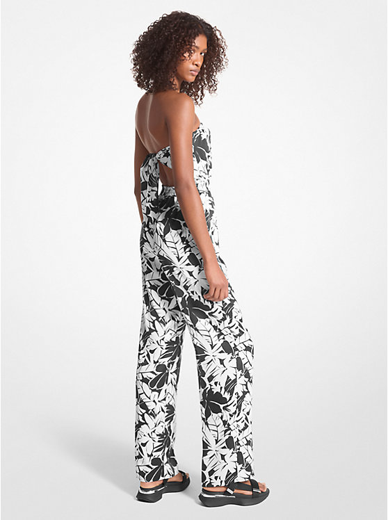 Michael Kors Palm Print Satin Tie-Back Jumpsuit Women Dress BLACK/WHITE | USAHAU1311