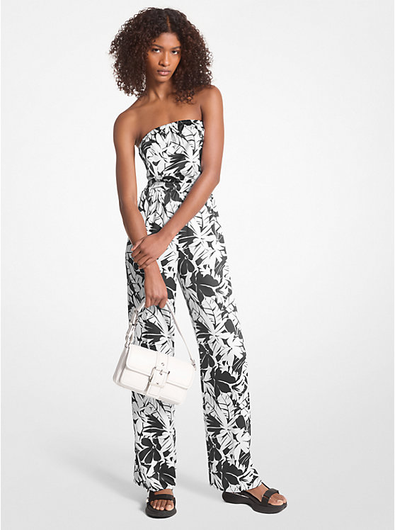 Michael Kors Palm Print Satin Tie-Back Jumpsuit Women Dress BLACK/WHITE | USAHAU1311