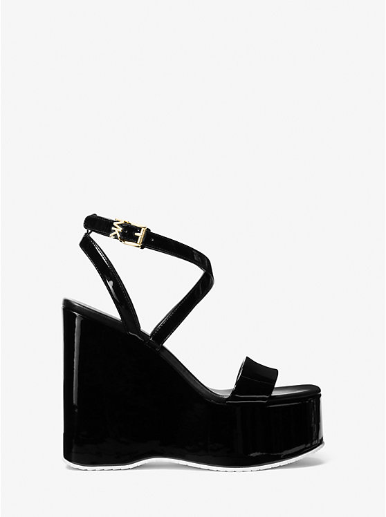 Michael Kors Paola Faux Patent Leather Wedge Women Sandals BLACK | USAKOS1937