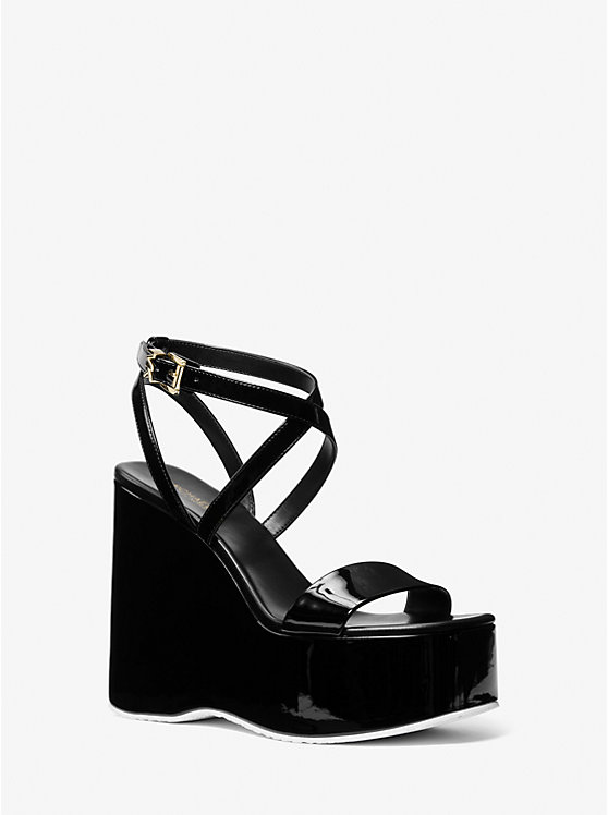 Michael Kors Paola Faux Patent Leather Wedge Women Sandals BLACK | USAKOS1937