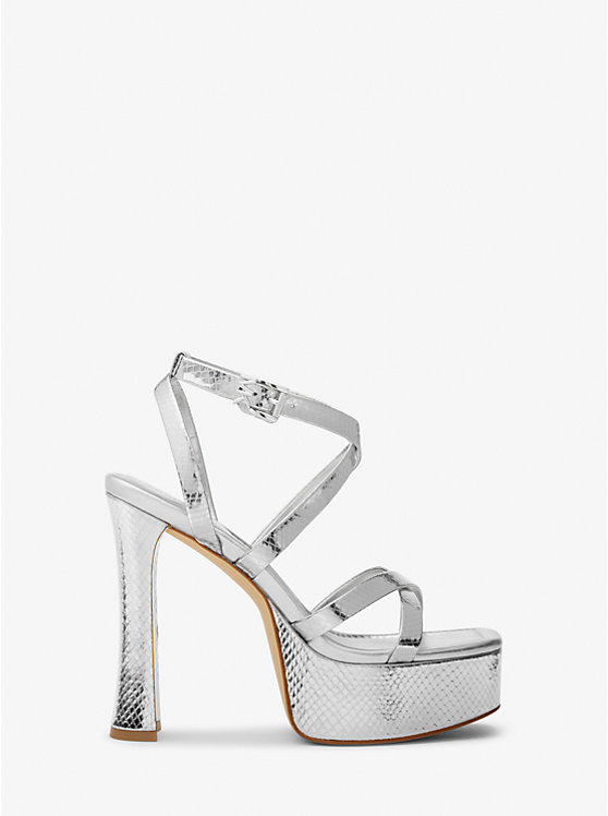 Michael Kors Paola Metallic Snake Embossed Leather Platform Women Sandals SILVER | USAZUF1939