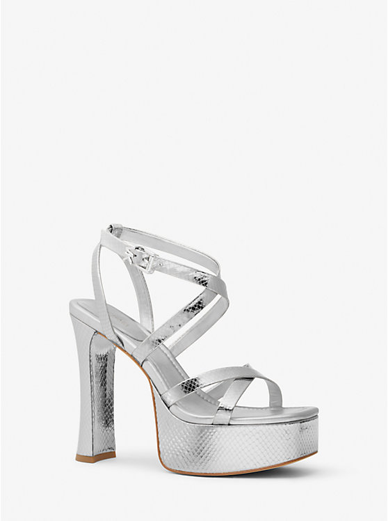 Michael Kors Paola Metallic Snake Embossed Leather Platform Women Sandals SILVER | USAZUF1939