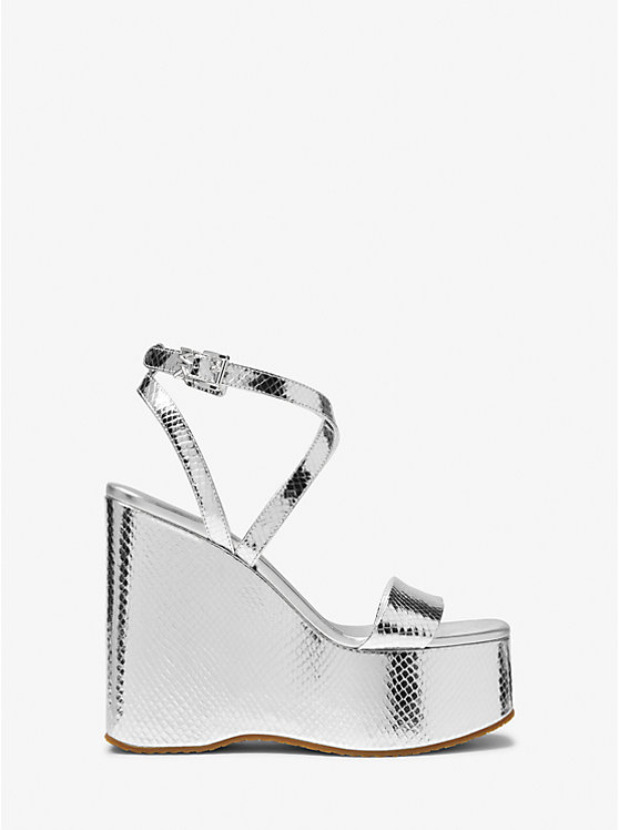 Michael Kors Paola Metallic Snake Embossed Leather Wedge Women Sandals SILVER | USAXYG1940