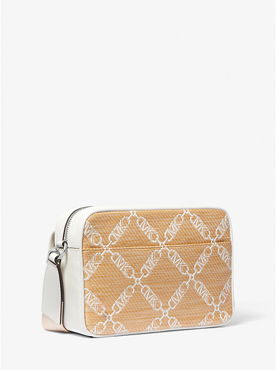 Michael Kors Parker Medium Empire Logo Jacquard Straw Women Crossbody Bag NAT/OPTICWHT | USASGD1128