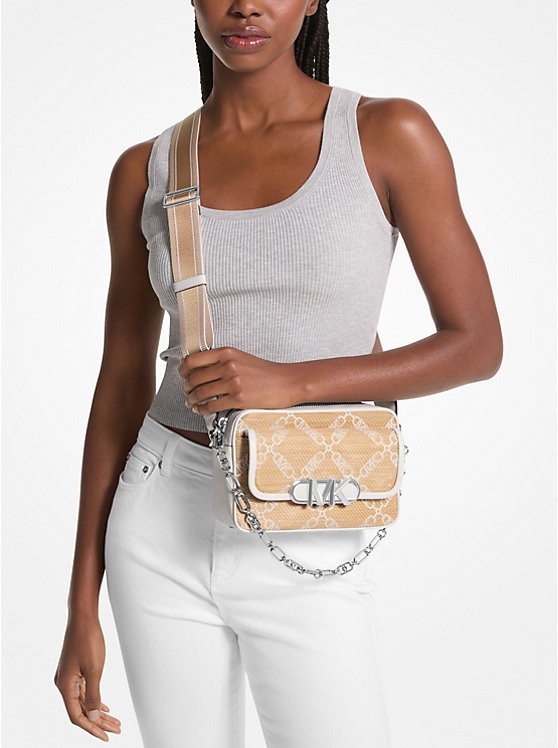 Michael Kors Parker Medium Empire Logo Jacquard Straw Women Crossbody Bag NAT/OPTICWHT | USASGD1128