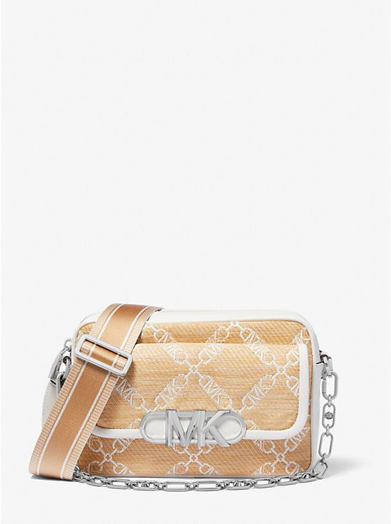 Michael Kors Parker Medium Empire Logo Jacquard Straw Women Crossbody Bag NAT/OPTICWHT | USASGD1128