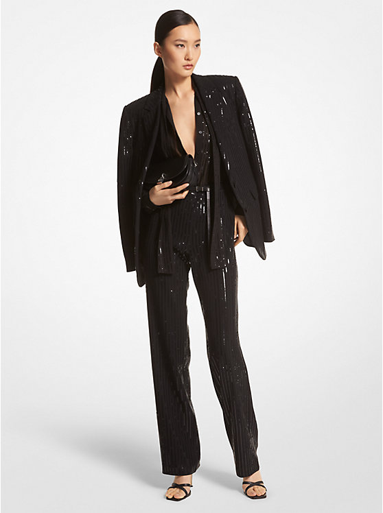 Michael Kors Pinstripe Sequined Crepe Boyfriend Blazer Women Jacket BLACK | USAQMF1399