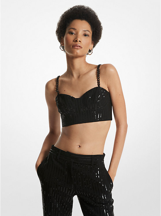 Michael Kors Pinstripe Sequined Crepe Bustier Women Tops BLACK | USADFN1491