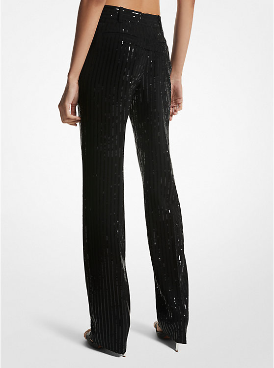 Michael Kors Pinstripe Sequined Crepe Straight-Leg Women Pants BLACK | USAFDM1438