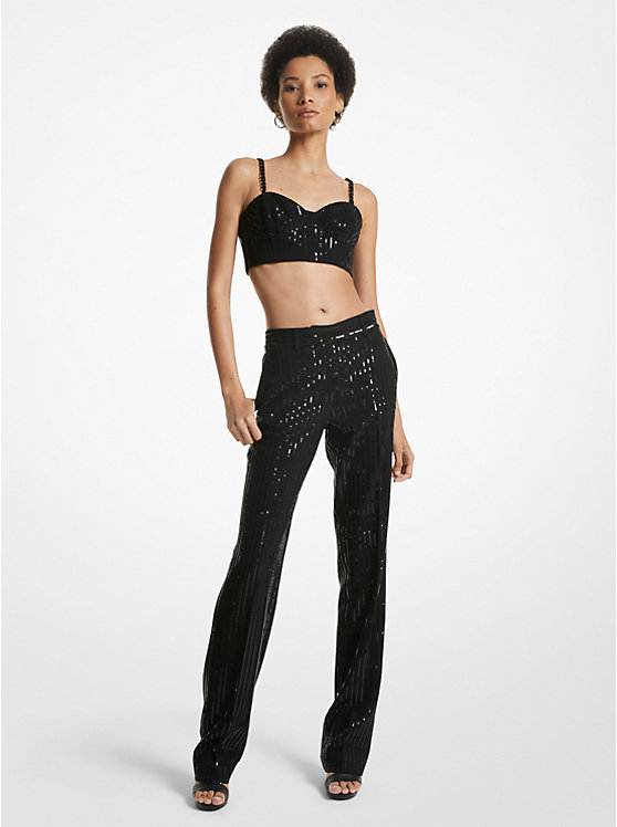 Michael Kors Pinstripe Sequined Crepe Straight-Leg Women Pants BLACK | USAFDM1438