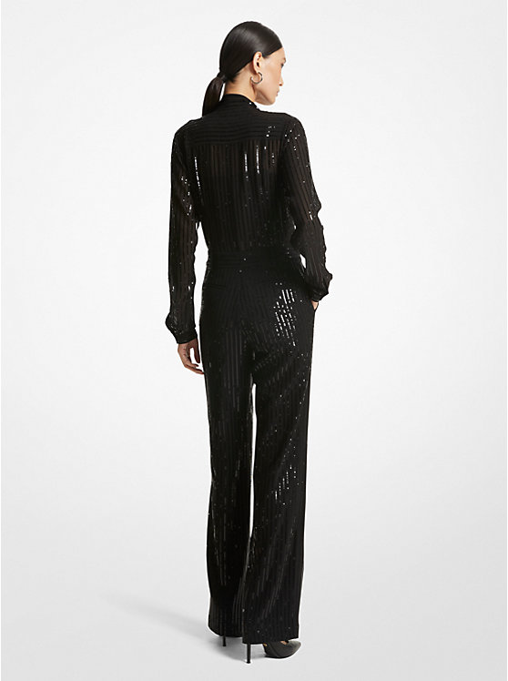 Michael Kors Pinstripe Sequined Georgette Jumpsuit Women Dress BLACK | USALIP1314