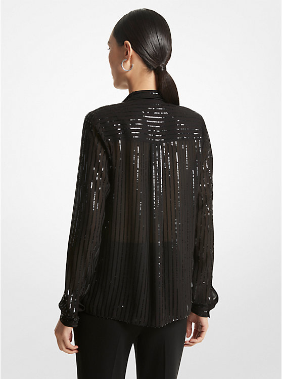 Michael Kors Pinstripe Sequined Georgette Tie-Neck Women Blouse BLACK | USAEBG1454