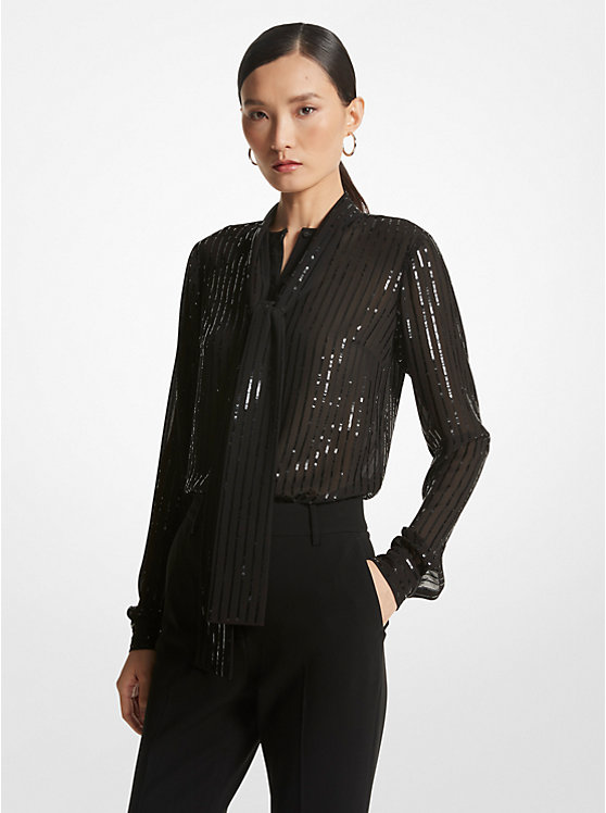 Michael Kors Pinstripe Sequined Georgette Tie-Neck Women Blouse BLACK | USAEBG1454