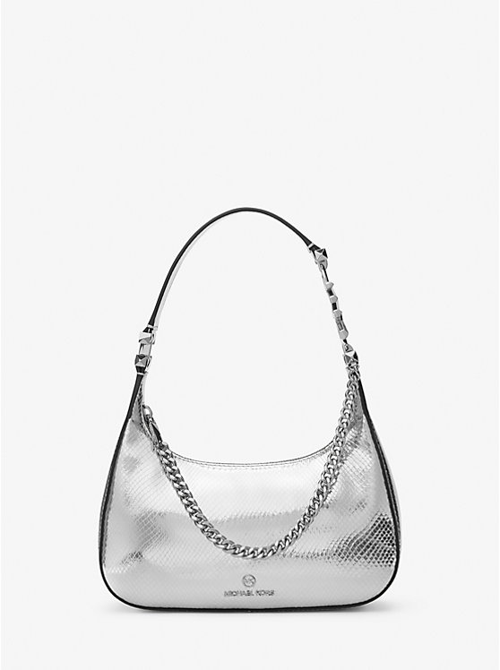 Michael Kors Piper Small Metallic Snake Embossed Leather Women Shoulder Bag SILVER | USADFI1231