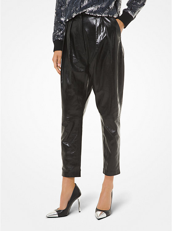 Michael Kors Pleated Leather Women Pants BLACK | USAAHW1441