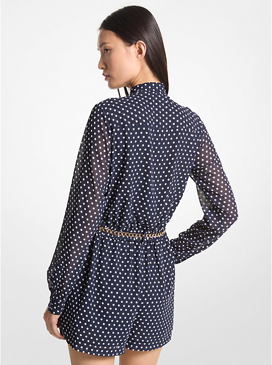 Michael Kors Polka Dot Georgette Belted Tie-Neck Romper Women Dress MIDNIGHTBLUE | USAVRF1318