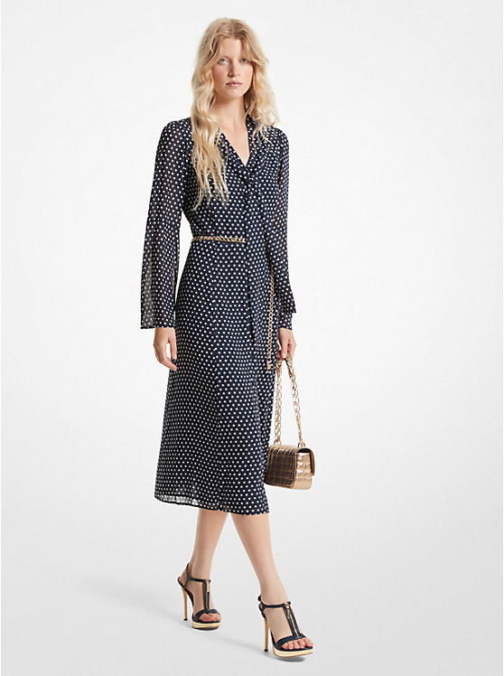 Michael Kors Polka Dot Georgette Tie-Neck Midi Women Dress MIDNIGHTBLUE | USABEG1319