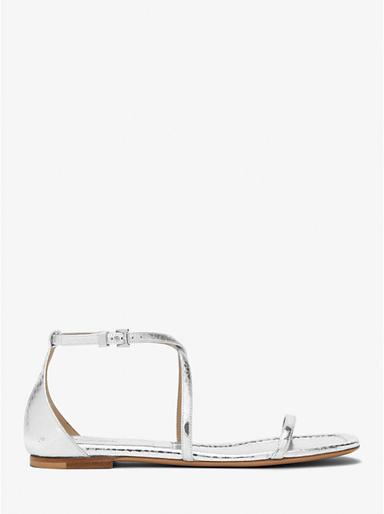 Michael Kors Polly Metallic Python Embossed Leather Women Sandals SILVER | USANWL1944