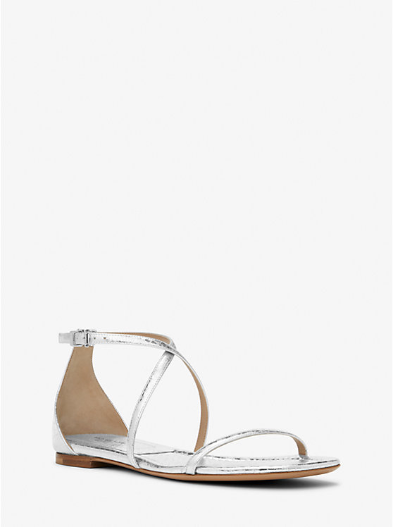 Michael Kors Polly Metallic Python Embossed Leather Women Sandals SILVER | USANWL1944