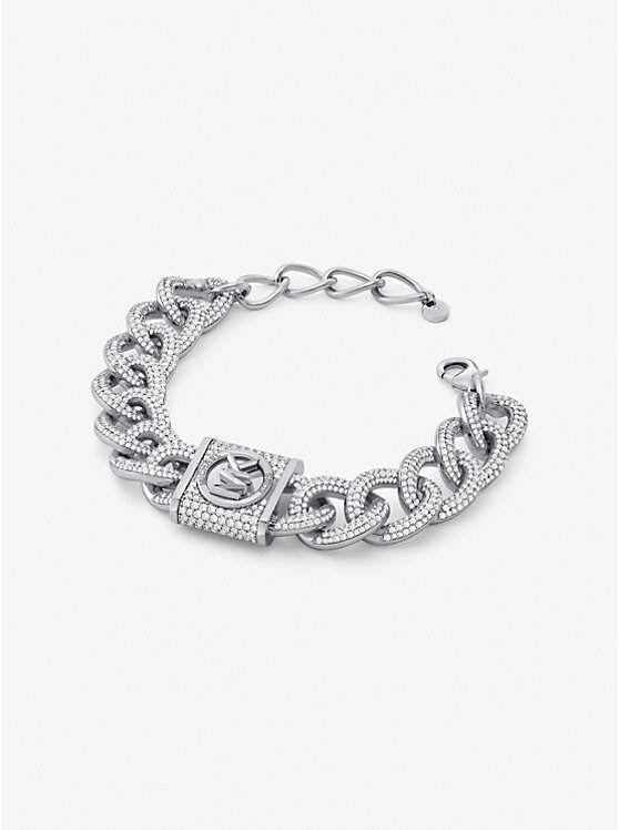 Michael Kors Precious Metal-Plated Brass Pavé Lock Curb Link Women Bracelet SILVER | USACTT1525