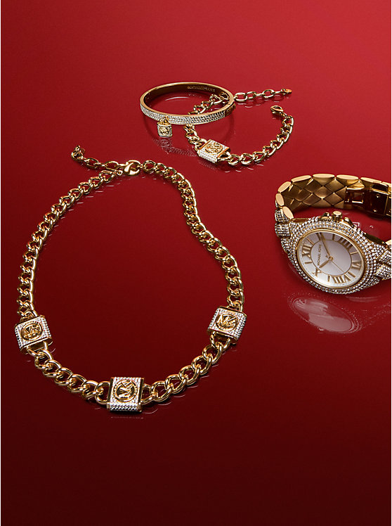 Michael Kors Precious Metal-Plated Brass Pavé Lock Curb Link Women Bracelet GOLD | USAVRY1526