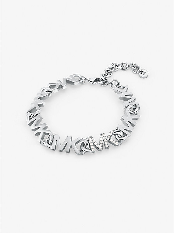 Michael Kors Precious Metal-Plated Brass Pavé Logo Chain Women Bracelet SILVER | USABEU1527