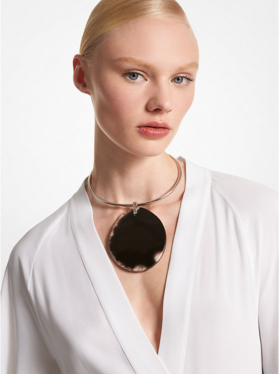 Michael Kors Precious Metal-Plated Brass and Agate Collar Women Necklace BLACK/SILVER | USAWNP1557