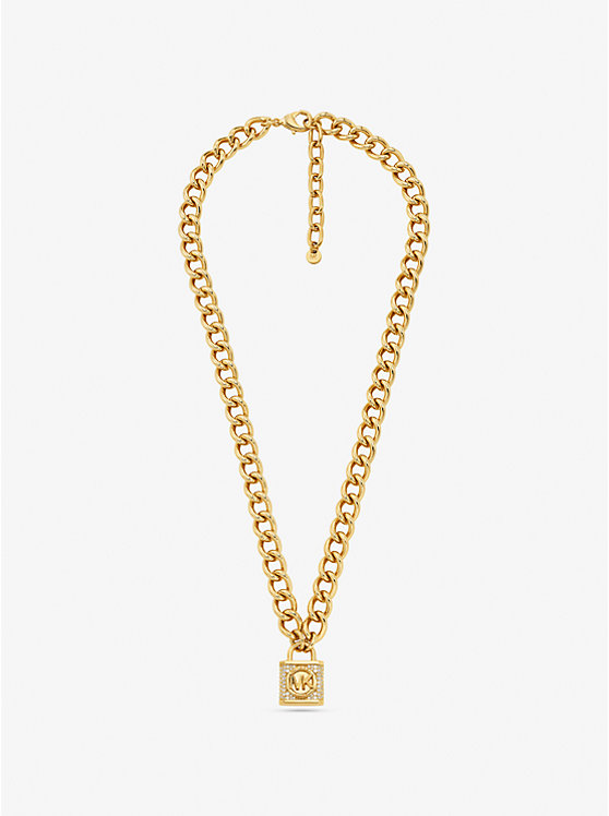 Michael Kors Precious Metal-Plated Brass Pavé Lock Women Necklace GOLD | USAILH1563