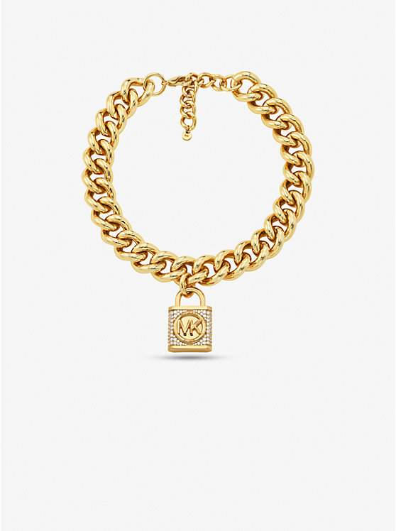 Michael Kors Precious Metal-Plated Brass Pavé Lock Curb Link Women Necklace GOLD | USAOKJ1564