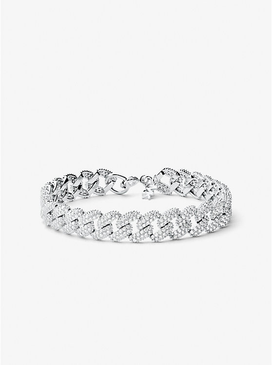 Michael Kors Precious Metal-Plated Sterling Silver Pavé Curb Link Women Bracelet SILVER | USAVRD1533